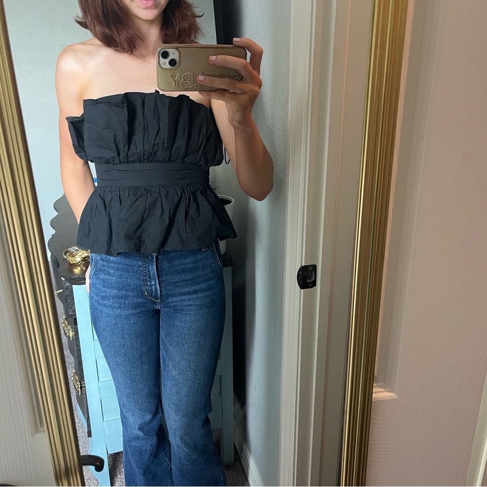 Black Strapless Ruffle Top